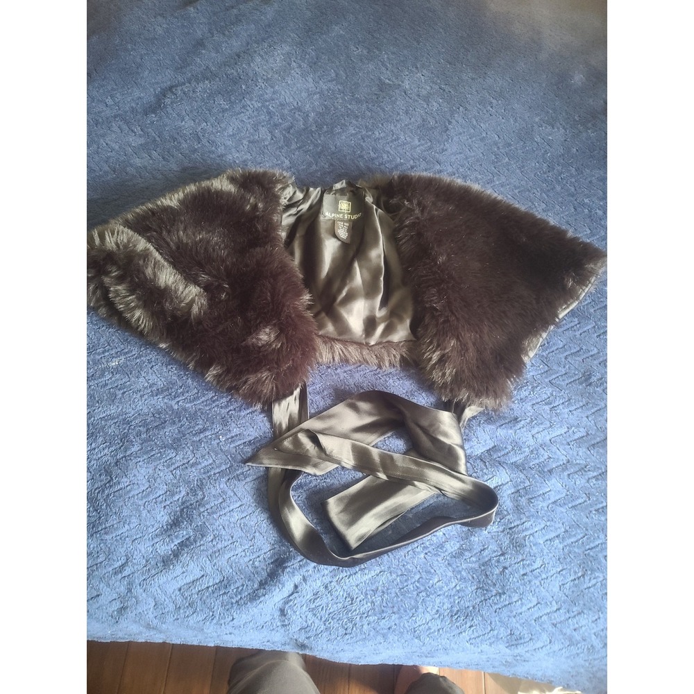 Alpine Studio Faux Fur Thick Soft Wrap Shrug Dark Black Satin Tie  Formal Bolero